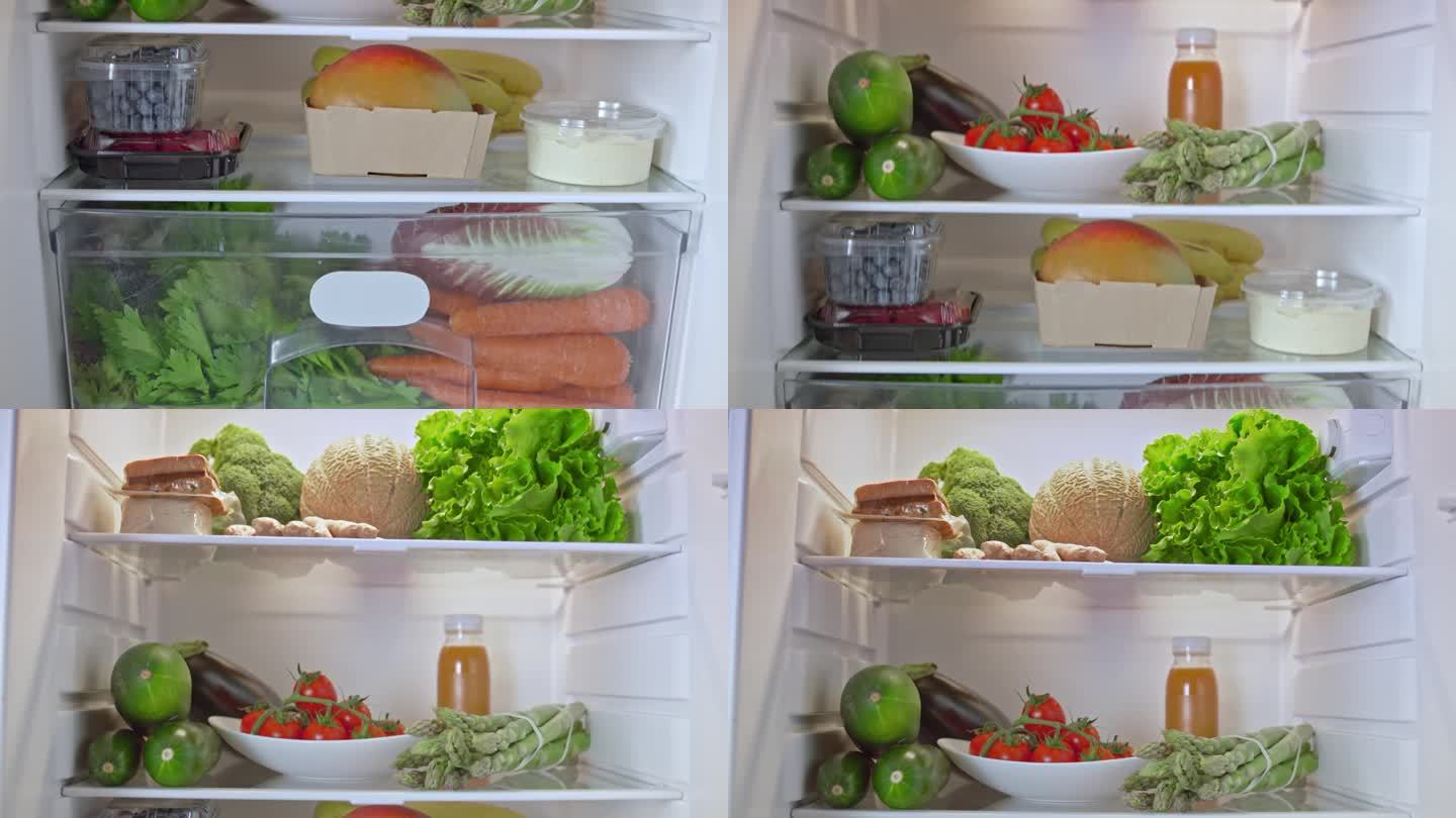 把新鲜的水果和蔬菜放在储藏充足的冰箱里